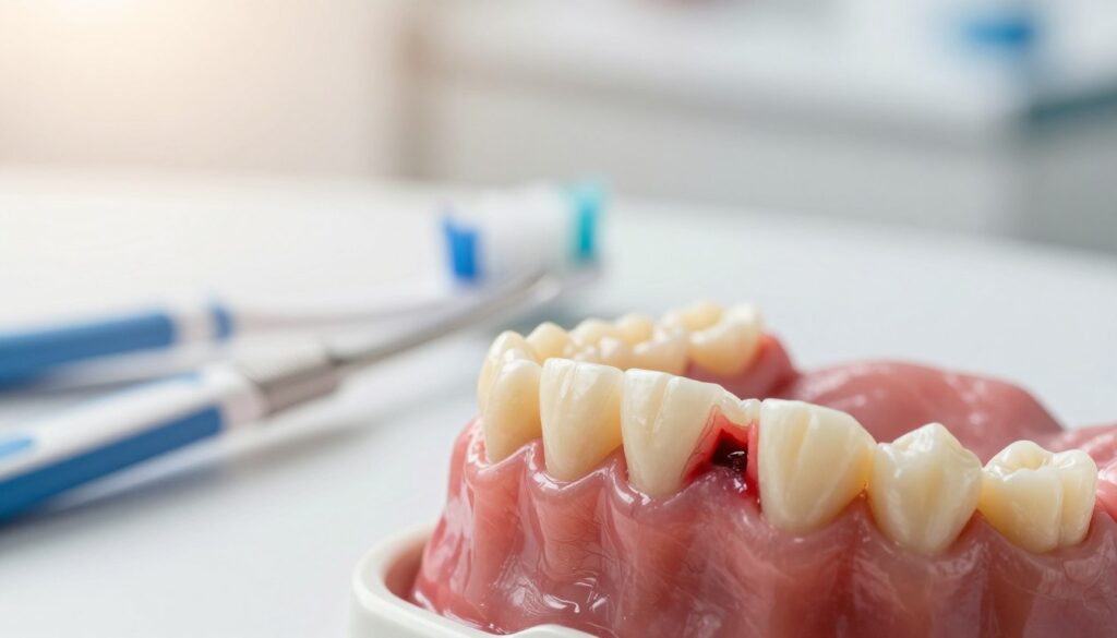 A clinical dental scene depicting a close-up of a gum line exhibiting signs of bleeding. In the foreground, focus on a set of healthy and unhealthy gums, highlighting the contrast between the inflamed, bleeding area and the surrounding healthy tissue. The middle ground features dental tools such as a toothbrush and dental floss neatly arranged, emphasizing the importance of oral hygiene. The background should be softly blurred to suggest a bright, sterile dental office environment, with warm lighting illuminating the scene to create an inviting yet serious atmosphere. Capture this composition from a slightly above angle to enhance the focus on the gums, creating a sense of urgency and professionalism, suitable for educational purposes.