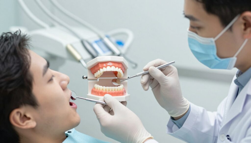 A clinical dental setting with a focus on gum recession treatment. In the foreground, an experienced dentist in a professional white coat examines a patient's mouth using a dental mirror and probe, highlighting the exposed tooth roots. The middle layer features a dental model displaying healthy and receding gums, showcasing the contrast. In the background, soft diffused lighting creates a sterile atmosphere with dental instruments neatly arranged. The scene is framed to emphasize the technique and precision involved in non-surgical methods for treating receding gums. The mood is professional and informative, enhancing the understanding of dental health. A clinical dental setting with a focus on gum recession treatment. In the foreground, an experienced dentist in a professional white coat examines a patient's mouth using a dental mirror and probe, highlighting the exposed tooth roots. The middle layer features a dental model displaying healthy and receding gums, showcasing the contrast. In the background, soft diffused lighting creates a sterile atmosphere with dental instruments neatly arranged. The scene is framed to emphasize the technique and precision involved in non-surgical methods for treating receding gums. The mood is professional and informative, enhancing the understanding of dental health.