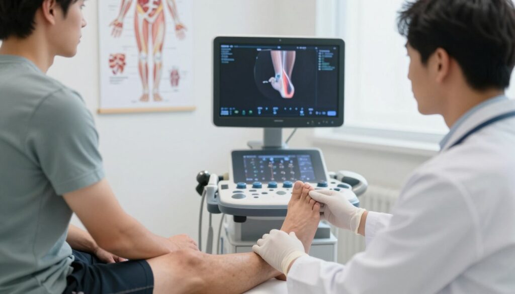 A clinical setting focused on the diagnostic examination of the Achilles tendon. In the foreground, a physician, dressed in a professional white coat and wearing gloves, is examining the ankle of a male patient who is seated, wearing modest athletic attire. The doctor uses an ultrasound device, showing a detailed image of the Achilles tendon on the screen. In the middle ground, anatomical charts of the human foot and tendon diagrams are displayed on the wall, highlighting the anatomy of the Achilles tendon. The background features a well-lit, sterile examination room with medical equipment subtly positioned. Soft, natural lighting enhances the atmosphere of professionalism and care, while a shallow depth of field emphasizes the doctor-patient interaction.