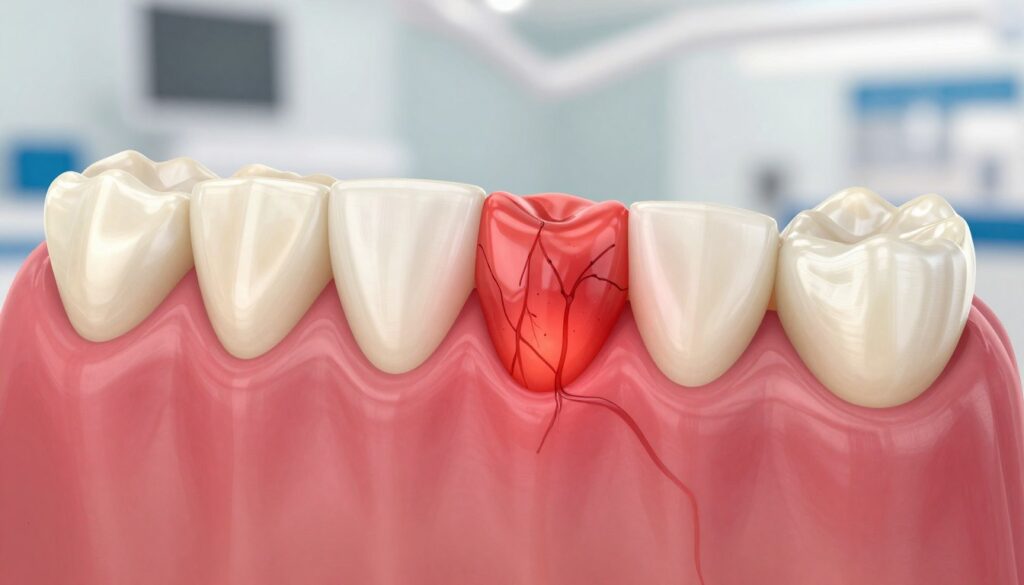 A close-up illustration of gum inflammation, showcasing a cross-section of healthy and inflamed gum tissue. In the foreground, detail the swollen gum tissue with vibrant red hues, highlighting the inflammatory response with visible blood vessels. The middle layer should include healthy gum tissue for contrast, portrayed in a healthy pink color. The background should softly fade into a blurred dental environment, suggesting a professional dental clinic. Use soft, diffused lighting to create a clinical yet approachable atmosphere. The angle should be a slight overhead view, emphasizing the textures of the tissue. Overall, convey a sense of urgency and importance related to dental health, without any human subjects or extraneous elements that could distract from the core focus of the image.