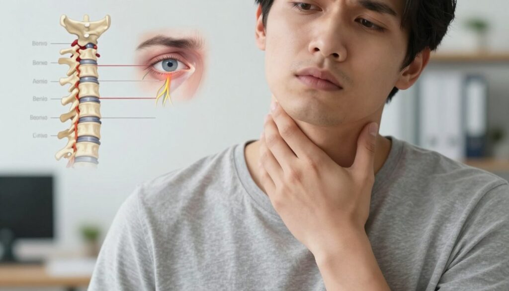 A close-up image depicting the symptoms of cervical issues and their potential link to vision disturbances. In the foreground, a professional-looking person in modest casual clothing holds their neck with one hand, showing signs of discomfort. Their facial expression reflects concern and confusion. In the middle background, anatomical illustrations of the cervical spine are visible, highlighting areas associated with nerve pathways to the eyes. The background features a softly blurred office environment, representing a clinical setting with subtle lighting to convey a sense of seriousness. The overall mood is one of contemplation and inquiry, emphasizing the connection between neck health and vision. Use a shallow depth of field to focus on the subject and illustrations, ensuring clarity and detail.