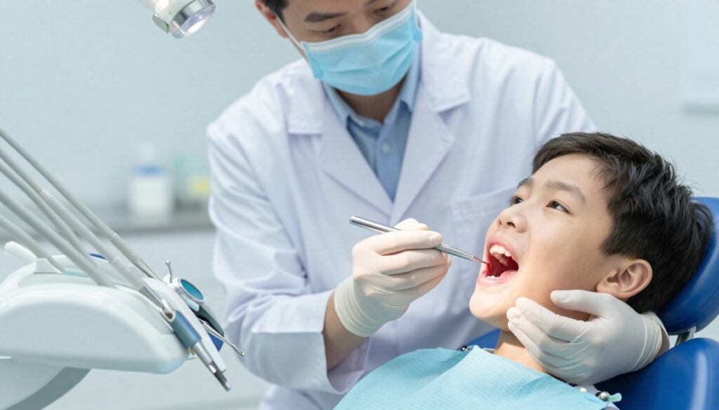 A close-up image illustrating the phenomenon of bleeding gums, specifically in a clinical context. In the foreground, a dental examination chair with a set of dental tools neatly arranged. In the middle ground, a professional dentist in a white coat examines a patient's mouth, showcasing a subtle blood drop on the gums, emphasizing the concern for oral health. The background features a softly illuminated dental clinic with calming blue and white colors, creating a serene atmosphere. The lighting is bright yet gentle, mimicking a well-lit examination room, with focus on the dentist and patient's interaction. The overall mood is informative and serious, reflecting the importance of dental health issues during pregnancy and in children.