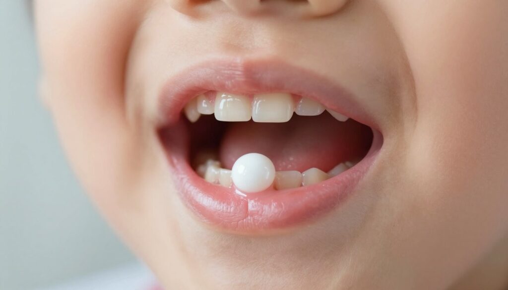 A close-up image of a child's gum with a small, glossy white bubble positioned prominently near the center. The foreground features delicate, soft textures of the gum tissue, showcasing the white bubble distinctly against the pale pink backdrop. In the middle ground, the child's teeth can be seen emerging, focusing on their small size and developing characteristics. The background is blurred to create a gentle and soothing atmosphere, hinting at a pediatric dental setting. Soft, natural lighting illuminates the scene, casting a warm glow that emphasizes the health and innocence of the child's mouth. The angle is slightly angled from above, allowing for an intimate view of the gum area, evoking a sense of curiosity and concern about oral health.