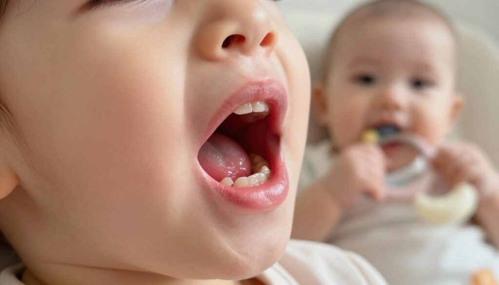 A close-up image of a child's inflamed gums during teething, showcasing a noticeable swelling resembling a blood blister (krwiak) on the gum line. The foreground features a soft, realistic depiction of the pink and red hues of the affected gum area, emphasizing the texture and subtle details of the inflamed tissue. In the middle ground, a teething baby is depicted with a focused expression, elements of a soothing environment such as a soft toy and a teething ring can be included around them. The background is softly blurred to draw attention to the gums, with warm, inviting lighting to create a caring atmosphere. Capture the image from a slightly angled perspective to highlight the gums, while maintaining a gentle and educational mood.
