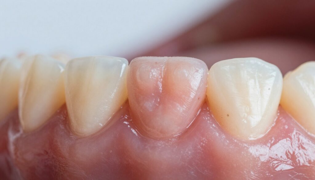 A close-up of a healthy human gumline, prominently featuring a soft, fleshy bump on the gum tissue – representing a nadziąślak dziąśle. The background should be softly blurred to emphasize the details of the gum and the bump. Use natural lighting to create a clinical yet inviting atmosphere, highlighting the texture and color variations of the gum tissue. The angle should be slightly above, focusing on the nadziąślak, with a macro lens effect to capture intricate details like translucence and subtle color shading. The mood should be informative and serene, suggesting the need for professional dental evaluation without alarm.