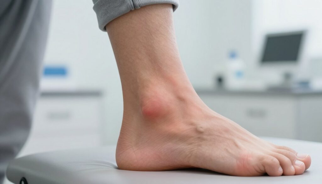 A close-up of a human ankle with a visibly swollen Achilles tendon, illustrating the condition of Achilles tendonitis. The foreground features the ankle in sharp focus, highlighting the inflammation with a slightly reddish hue to signify swelling. The background is softly blurred, showing a clinical environment, such as a doctor's office, with medical equipment subtly visible to enhance the context. The lighting is bright and clinical, simulating a healthcare setting, while the angle captures the ankle from a slightly elevated viewpoint to emphasize the swelling. The mood is professional and informative, aiming to depict a serious yet reassuring atmosphere. The person is dressed in modest, casual clothing, maintaining a professional appearance without any distractions. A close-up of a human ankle with a visibly swollen Achilles tendon, illustrating the condition of Achilles tendonitis. The foreground features the ankle in sharp focus, highlighting the inflammation with a slightly reddish hue to signify swelling. The background is softly blurred, showing a clinical environment, such as a doctor's office, with medical equipment subtly visible to enhance the context. The lighting is bright and clinical, simulating a healthcare setting, while the angle captures the ankle from a slightly elevated viewpoint to emphasize the swelling. The mood is professional and informative, aiming to depict a serious yet reassuring atmosphere. The person is dressed in modest, casual clothing, maintaining a professional appearance without any distractions.