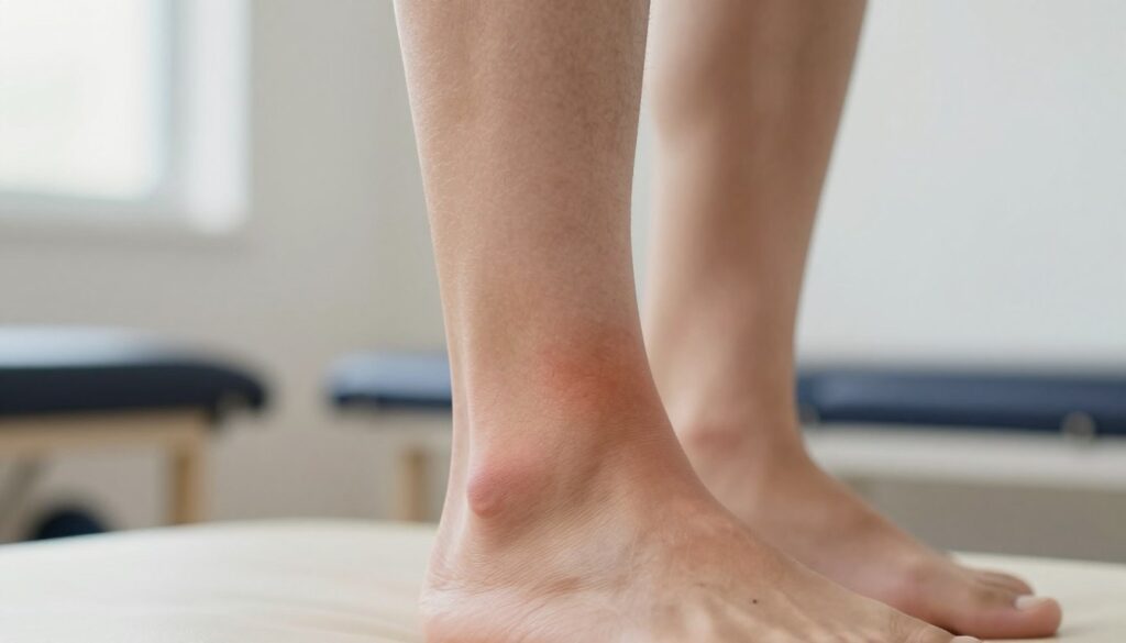 A close-up of a human calf illustrating the symptoms of an Achilles tendon rupture. The focus is on the leg, showing notable swelling and discoloration around the Achilles tendon area, with subtle bruising providing a realistic touch. The skin texture is detailed, emphasizing the contrast of the swelling against the normal leg contours. In the background, a blurred physical therapy clinic can be subtly seen, hinting at rehabilitation without distraction. Soft, natural lighting highlights the affected area, creating a clinical atmosphere. The angle is slightly tilted to capture both the leg and the therapeutic environment, conveying a sense of urgency and the need for immediate attention. The overall mood is informative yet empathetic, aimed at educating the viewer about this injury.