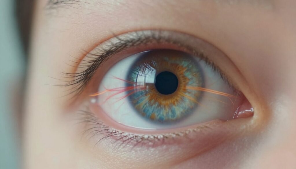 A close-up of a human eye exhibiting signs of visual disturbances, with prominent visual impairments represented by swirling colors and blurred vision effects emanating from the pupil. The foreground features an anatomically accurate eye, showcasing the iris and sclera with vivid detail. In the middle ground, artistic representations of the optic nerve and brain pathways are subtly intertwined, illustrating potential causes of vision problems. The background is softly blurred, hinting at a clinical setting with soft lighting that conveys a serious yet informative atmosphere. The scene should be captured with a macro lens effect, emphasizing texture and detail, while maintaining a calm, educational mood without any overlay or distractions. A close-up of a human eye exhibiting signs of visual disturbances, with prominent visual impairments represented by swirling colors and blurred vision effects emanating from the pupil. The foreground features an anatomically accurate eye, showcasing the iris and sclera with vivid detail. In the middle ground, artistic representations of the optic nerve and brain pathways are subtly intertwined, illustrating potential causes of vision problems. The background is softly blurred, hinting at a clinical setting with soft lighting that conveys a serious yet informative atmosphere. The scene should be captured with a macro lens effect, emphasizing texture and detail, while maintaining a calm, educational mood without any overlay or distractions.