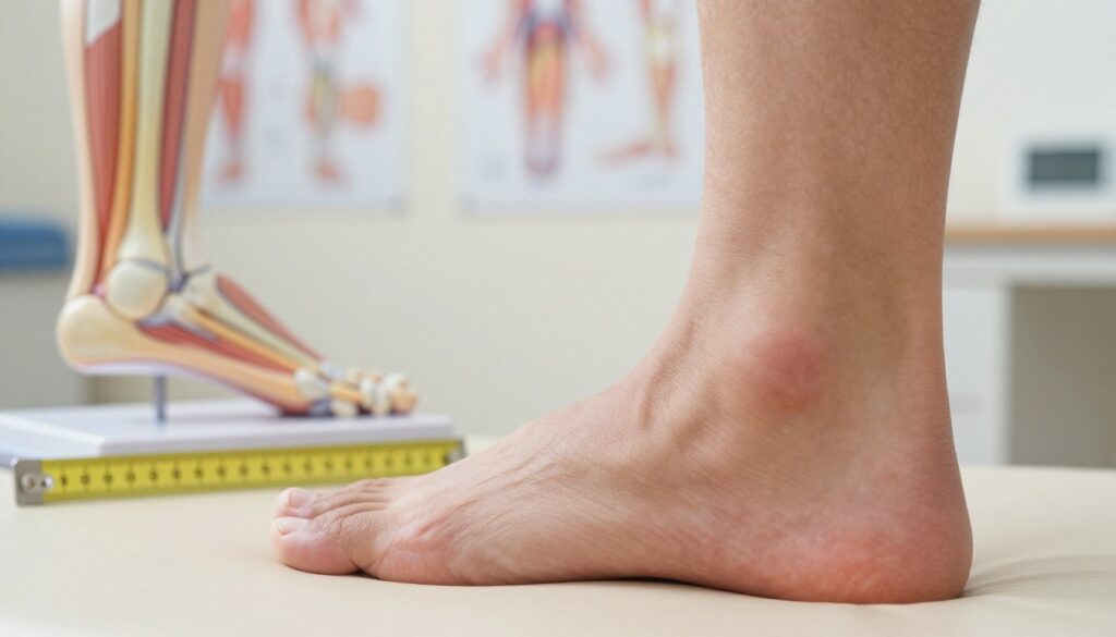 A close-up of a human heel and ankle area, showcasing signs of Achilles tendon inflammation. The foreground features a focus on a foot resting on a soft surface, with subtle swelling and redness around the Achilles tendon. In the middle ground, display a variety of medical equipment like a ruler measuring swelling and an anatomical model of the foot. The background should be a softly lit clinical setting with blurred medical posters related to tendon anatomy. Use natural lighting to create a warm, informative atmosphere. The angle should be slightly tilted to emphasize the contour of the foot, capturing an educational, yet empathetic mood. Avoid any text or branding.