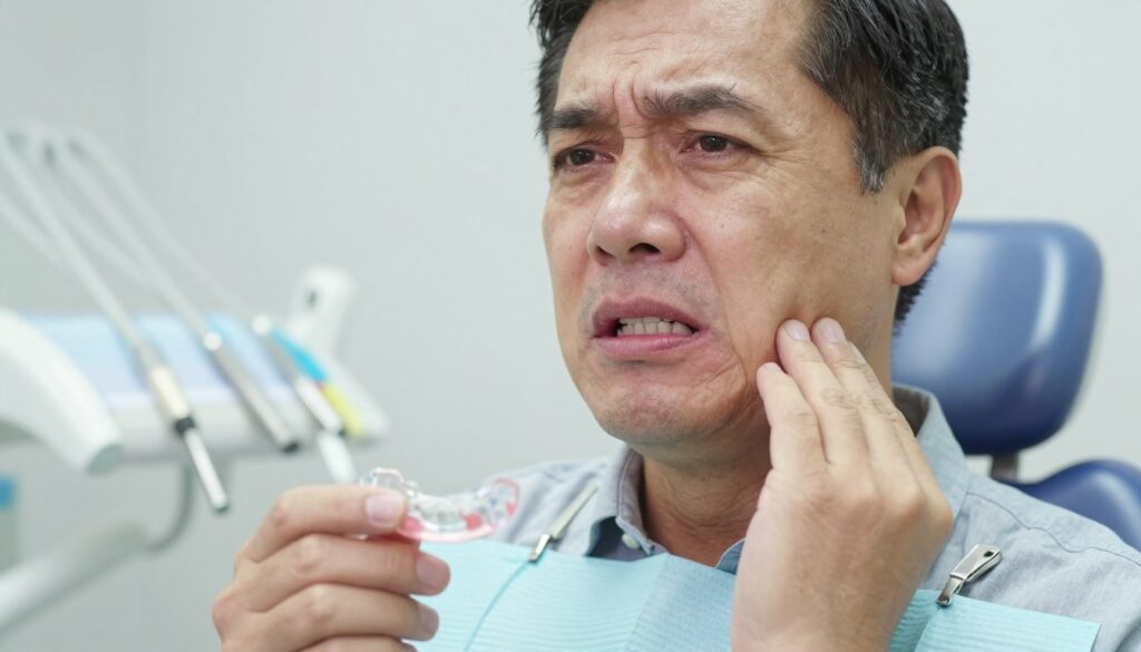 A close-up of a middle-aged person (male or female) with a concerned expression, sitting in a well-lit dental office. The subject is wearing casual, professional attire and holds a dental prosthesis in one hand, while gently touching their jawline with the other, indicating discomfort. Their gums are visibly red and inflamed, suggesting a common issue with dentures. In the background, blurred dental tools and a dental chair create an authentic atmosphere. Soft, natural lighting illuminates the face, emphasizing the concern in their eyes, while a clinical color palette of white and light blue reinforces the dental theme. The image should evoke a sense of urgency and care, highlighting the importance of addressing dental prosthesis problems. A close-up of a middle-aged person (male or female) with a concerned expression, sitting in a well-lit dental office. The subject is wearing casual, professional attire and holds a dental prosthesis in one hand, while gently touching their jawline with the other, indicating discomfort. Their gums are visibly red and inflamed, suggesting a common issue with dentures. In the background, blurred dental tools and a dental chair create an authentic atmosphere. Soft, natural lighting illuminates the face, emphasizing the concern in their eyes, while a clinical color palette of white and light blue reinforces the dental theme. The image should evoke a sense of urgency and care, highlighting the importance of addressing dental prosthesis problems.