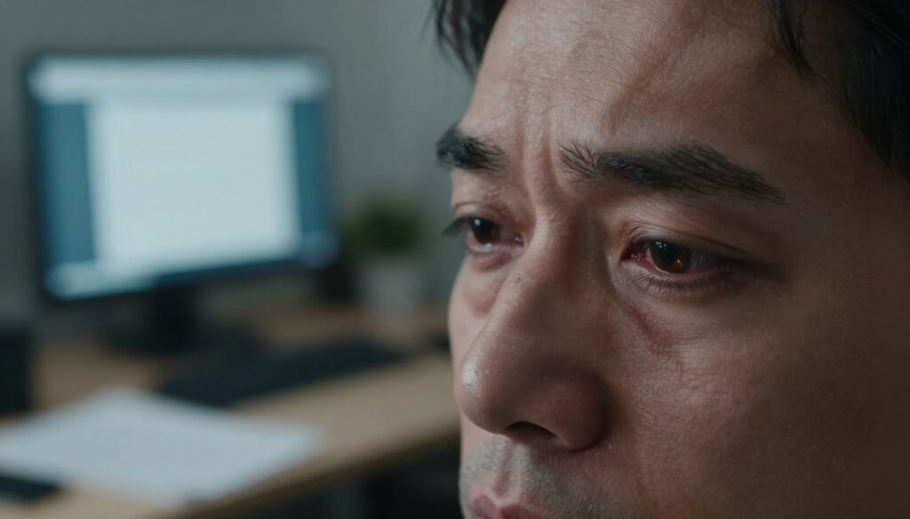 A close-up of a pair of tired eyes in a professional setting, capturing the essence of eye fatigue. The foreground features a person's face, slightly turned to the side, with visible signs of strain around the eyes, showing redness and heaviness. In the middle, soft lighting highlights the eyes and wrinkles, conveying a sense of exhaustion. Surrounding this is a blurred background of an office environment, with a computer screen casting a dim glow against a desk cluttered with papers. The atmosphere is somber yet focused, illustrating a moment of reflection about eye health. The image should be captured at eye level, using a shallow depth of field to create intimacy, without any text or branding elements.