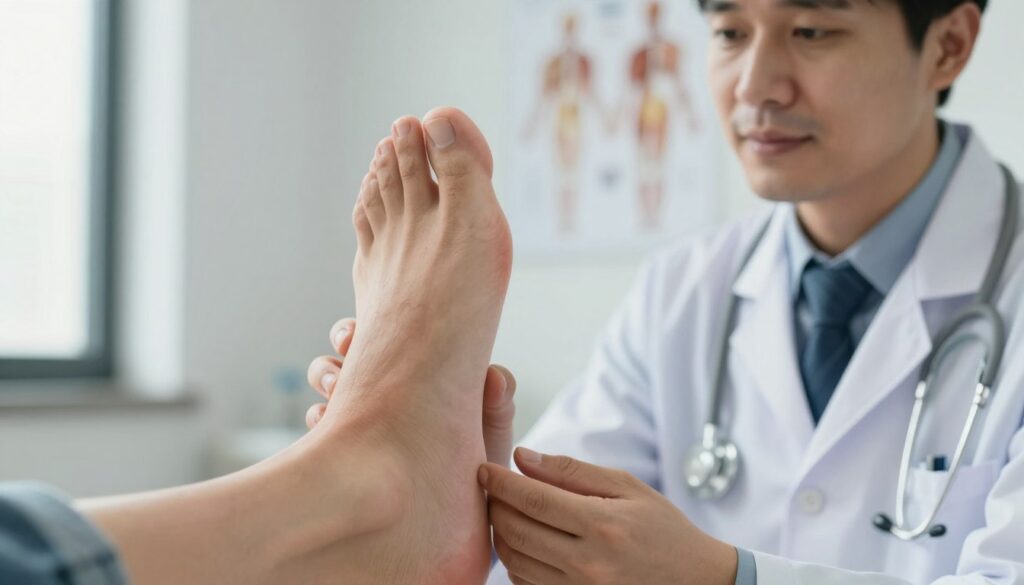 A close-up of a patient's foot in a professional medical setting, focusing on the Achilles tendon area, with subtle signs of healing, such as slight swelling or discoloration. The foot is positioned at a 45-degree angle to showcase the tendon, while a physician in professional attire examines it with a gentle, attentive expression. In the background, there are blurred medical charts and anatomical posters related to the Achilles tendon, implying a clinical environment. Soft, natural light filters in from a nearby window, creating a calm atmosphere. The image evokes a sense of careful observation and patient care, emphasizing the importance of monitoring healing and recognizing symptoms during recovery.