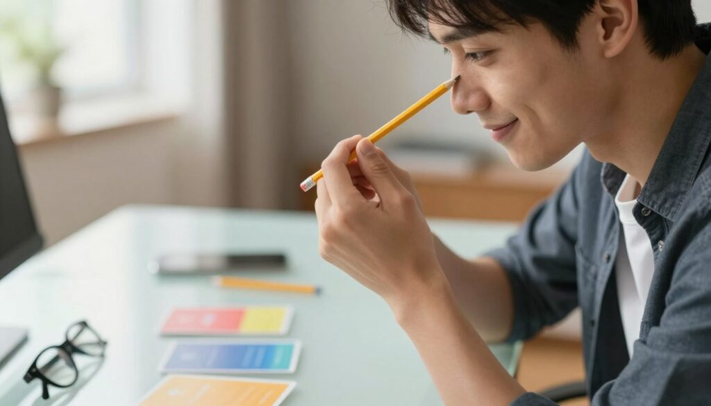 A close-up of a person, seated at a sleek, modern desk, balancing a yellow pencil on their nose, showcasing concentration and focus. In the foreground, the pencil is sharp and vibrant, contrasting with the smooth skin of the person's face. The individual has a slight smile, wearing smart casual attire, emphasizing a light-hearted approach to training visual attention. In the middle ground, a clear, organized workspace displays simple eye exercise tools like colored cards and glasses. The background is softly blurred, featuring a warm, inviting room with gentle natural light streaming in through a window, creating a cozy and encouraging atmosphere that inspires focus and determination.