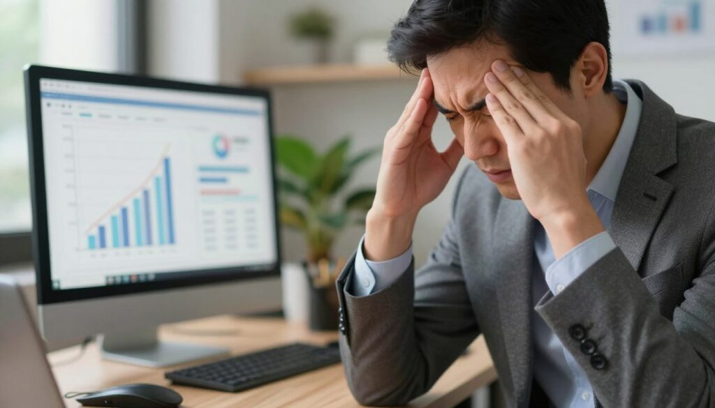 A close-up of a professional, business-attired individual sitting at a desk, exhibiting signs of stress with tense muscles and a furrowed brow. The foreground features their hands clenching the edge of the desk, knuckles white, showing physical tension. In the middle ground, a computer screen displays graphs depicting stress-related data, subtly hinting at the pressures of modern life. The background includes an organized, well-lit office space with a plant and soft lighting to create a calm yet vibrant atmosphere. The overall mood is one of tension mixed with the potential for relief, illustrating the connection between muscle strain and stress-induced headaches. Use soft focus and warm lighting to convey a sense of introspection and urgency.