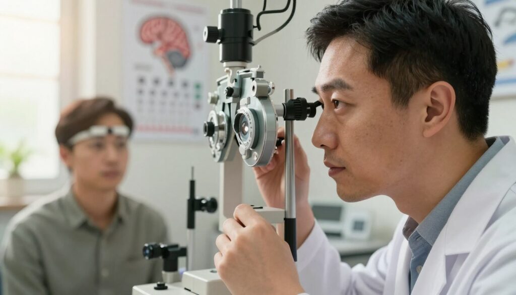 A close-up of a professional optometrist examining a patient’s eyes in a clinical setting, showcasing the intricate mechanism of eye fixation. The foreground features a detailed view of the optometrist's focused expression and the patient's eye, highlighting the pupil and the reflection of light. In the middle, there are diagnostic tools like an eye chart and a phoropter, slightly blurred to emphasize the main interaction. The background shows a softly lit examination room with medical posters related to vision and brain functions. Natural sunlight filters through a window, creating a warm, inviting atmosphere. The optometrist is dressed in a white lab coat, and the patient is in modest, casual clothing, reflecting professionalism and care.