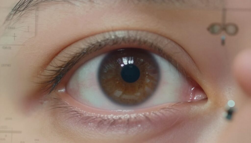 A close-up of an eye with a distorted vision effect, showcasing visual impairments such as blurriness and light halos. In the foreground, focus on the iris, with subtle highlights reflecting concern, while the pupil appears dilated as if struggling to adjust. The middle layer features a hand gently holding a pair of glasses, symbolizing the need for assistance. The background is softly blurred, hinting at an abstract environment, like an ophthalmologist's office, with medical charts and a faint silhouette of eye examination tools. The lighting is warm but slightly diffused to create a sense of urgency yet comfort. The overall atmosphere conveys a mix of anxiety and hope, capturing the essence of when vision disturbances necessitate urgent medical evaluation.