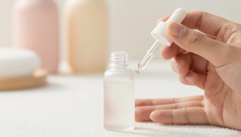 A close-up shot of a hand holding a bottle of moisturizing eye drops, placed on a white, softly textured surface, symbolizing clarity and refreshment. In the background, blurred, gentle pastel tones create a calming atmosphere, suggesting a serene environment suitable for eye care. The lighting is bright and soft, highlighting the transparent liquid inside the bottle and casting a subtle glow that emphasizes its purity. A small, elegant eye dropper is positioned next to the bottle, demonstrating its practical use. The overall mood conveys tranquility and professionalism, perfect for personal wellness and lifestyle guidance. The composition is simple yet effective, ensuring the focus remains on the eye drop bottle, evoking an air of trust and efficacy in eye care solutions. A close-up shot of a hand holding a bottle of moisturizing eye drops, placed on a white, softly textured surface, symbolizing clarity and refreshment. In the background, blurred, gentle pastel tones create a calming atmosphere, suggesting a serene environment suitable for eye care. The lighting is bright and soft, highlighting the transparent liquid inside the bottle and casting a subtle glow that emphasizes its purity. A small, elegant eye dropper is positioned next to the bottle, demonstrating its practical use. The overall mood conveys tranquility and professionalism, perfect for personal wellness and lifestyle guidance. The composition is simple yet effective, ensuring the focus remains on the eye drop bottle, evoking an air of trust and efficacy in eye care solutions.