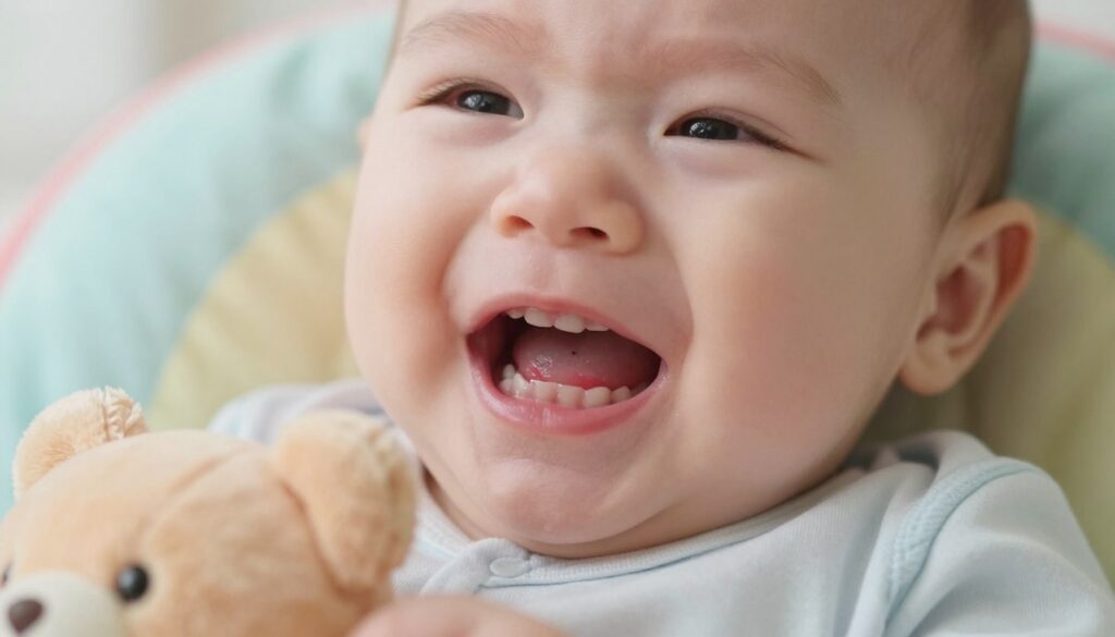 A close-up view of a baby's mouth displaying teething symptoms, showcasing swollen gums and small, red areas around the emerging teeth. The foreground features a soft, plush toy, symbolizing comfort, and a colorful baby blanket, creating a warm atmosphere. In the middle, focus on the baby's facial expression, which reflects slight discomfort but also curiosity, emphasizing the teething process. The background is softly blurred to keep attention on the baby, with gentle pastel colors to enhance the soothing mood. Soft, natural lighting highlights the baby's features, capturing the essence of this developmental stage. The composition evokes a sense of care and concern associated with teething signs.