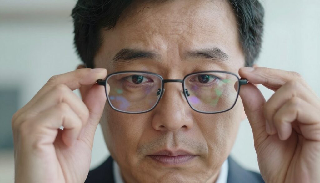 A close-up view of a concerned individual, a middle-aged person wearing professional attire, with a focused expression, peering through a pair of glasses. The foreground features the person's eyes, slightly blurred, illustrating visual disturbances like blurriness and halos. In the middle ground, there are subtle, abstract visual elements that mimic distorted vision: wavy lines, blurred shapes, and contrasting colors. The background is softly lit, creating a calming atmosphere with blurred outlines of an office setting, signifying a professional environment. Use soft, diffused lighting to highlight the subject's features while enhancing the sense of unease about vision issues. The image conveys a mood of contemplation and seriousness, inviting viewers to reflect on their vision health. A close-up view of a concerned individual, a middle-aged person wearing professional attire, with a focused expression, peering through a pair of glasses. The foreground features the person's eyes, slightly blurred, illustrating visual disturbances like blurriness and halos. In the middle ground, there are subtle, abstract visual elements that mimic distorted vision: wavy lines, blurred shapes, and contrasting colors. The background is softly lit, creating a calming atmosphere with blurred outlines of an office setting, signifying a professional environment. Use soft, diffused lighting to highlight the subject's features while enhancing the sense of unease about vision issues. The image conveys a mood of contemplation and seriousness, inviting viewers to reflect on their vision health.