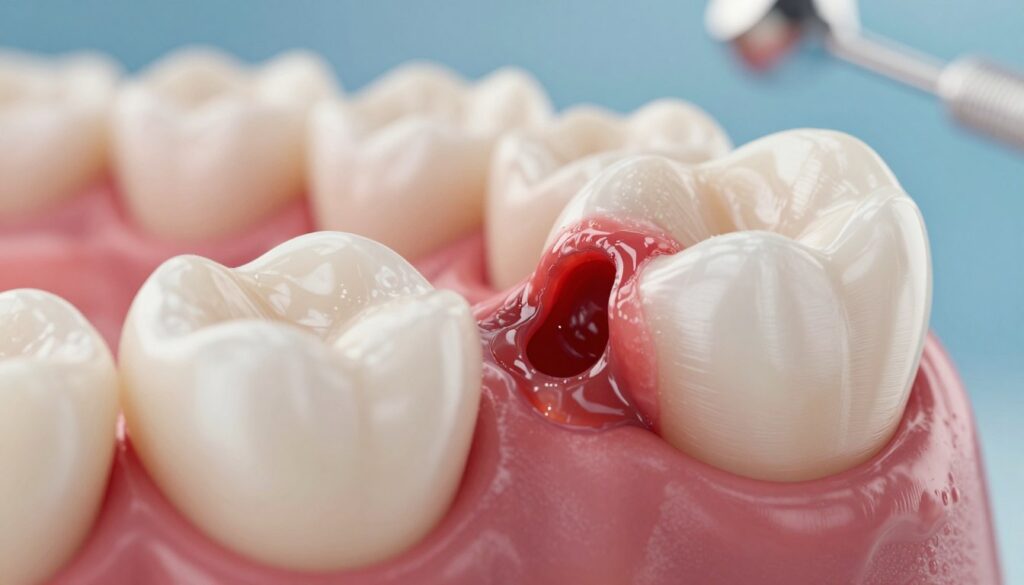 A close-up view of a dental abscess, showcasing the inflamed gum surrounding a tooth. The foreground features a tooth with visible decay and a swollen, red gum indicating infection, while pus is subtly oozing from the abscess. In the middle ground, soft, diffused lighting enhances the details of the textures in the tooth enamel and the gum tissue, creating a realistic and educational visual. The background is blurred to maintain focus on the dental issue but hints at a clinical setting, with dental tools lightly visible. The overall mood is serious and informative, aiming to convey the urgency of seeking medical attention for dental infections. A close-up view of a dental abscess, showcasing the inflamed gum surrounding a tooth. The foreground features a tooth with visible decay and a swollen, red gum indicating infection, while pus is subtly oozing from the abscess. In the middle ground, soft, diffused lighting enhances the details of the textures in the tooth enamel and the gum tissue, creating a realistic and educational visual. The background is blurred to maintain focus on the dental issue but hints at a clinical setting, with dental tools lightly visible. The overall mood is serious and informative, aiming to convey the urgency of seeking medical attention for dental infections.