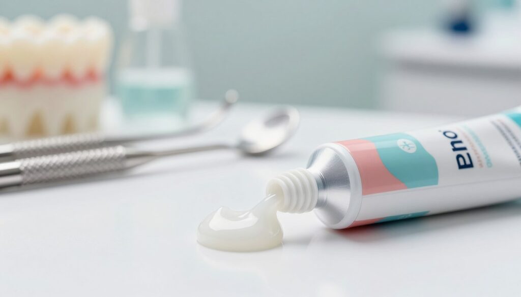 A close-up view of a dental gel tube designed for treating gum inflammation, prominently displayed in the foreground. The tube should have an appealing, modern design with soft colors that suggest healing and comfort. In the middle ground, a small amount of the gel is neatly squeezed onto a clean, white surface, showcasing its smooth texture. In the background, softly blurred dental tools and a gentle, ambient light create a calm and professional dental office atmosphere. The composition is well-lit, highlighting the gel’s glossy surface, and evokes a sense of hope and relief for those suffering from gum pain and redness. The angle should be slightly above eye level to give a comprehensive view of the product’s details. A close-up view of a dental gel tube designed for treating gum inflammation, prominently displayed in the foreground. The tube should have an appealing, modern design with soft colors that suggest healing and comfort. In the middle ground, a small amount of the gel is neatly squeezed onto a clean, white surface, showcasing its smooth texture. In the background, softly blurred dental tools and a gentle, ambient light create a calm and professional dental office atmosphere. The composition is well-lit, highlighting the gel’s glossy surface, and evokes a sense of hope and relief for those suffering from gum pain and redness. The angle should be slightly above eye level to give a comprehensive view of the product’s details.