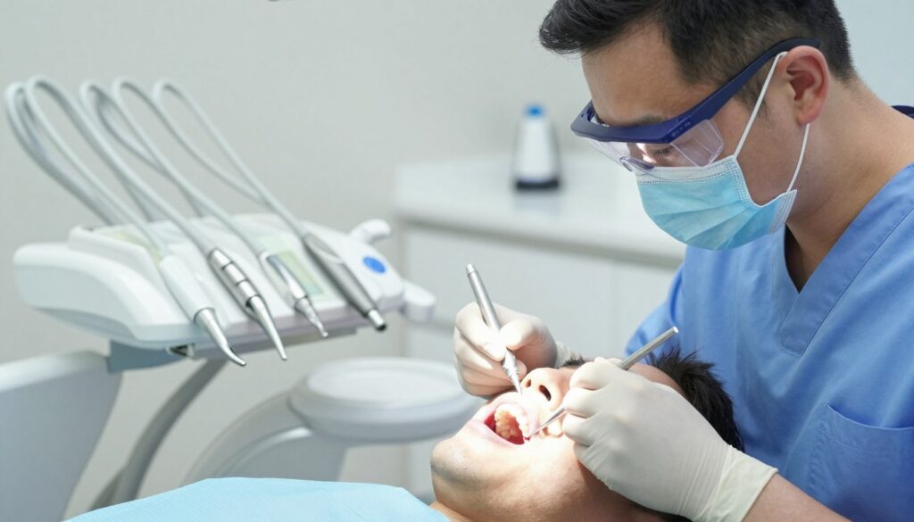 A close-up view of a dental procedure, specifically the extraction of a tooth, taking place in a modern dental clinic. In the foreground, the dentist, dressed in professional scrubs and wearing safety goggles, is gently extracting a tooth from a patient’s mouth, who appears calm and relaxed. The dentist's focused expression highlights the precision of the procedure. In the middle ground, dental tools and equipment are neatly organized on a tray, emphasizing a sterile environment. In the background, soft, diffused lighting illuminates the clean, modern dental office, creating an atmosphere of professionalism and care. The color palette should include shades of white and blue to convey a sense of cleanliness and safety, while ensuring the image remains ethically appropriate and without any disturbing visuals.