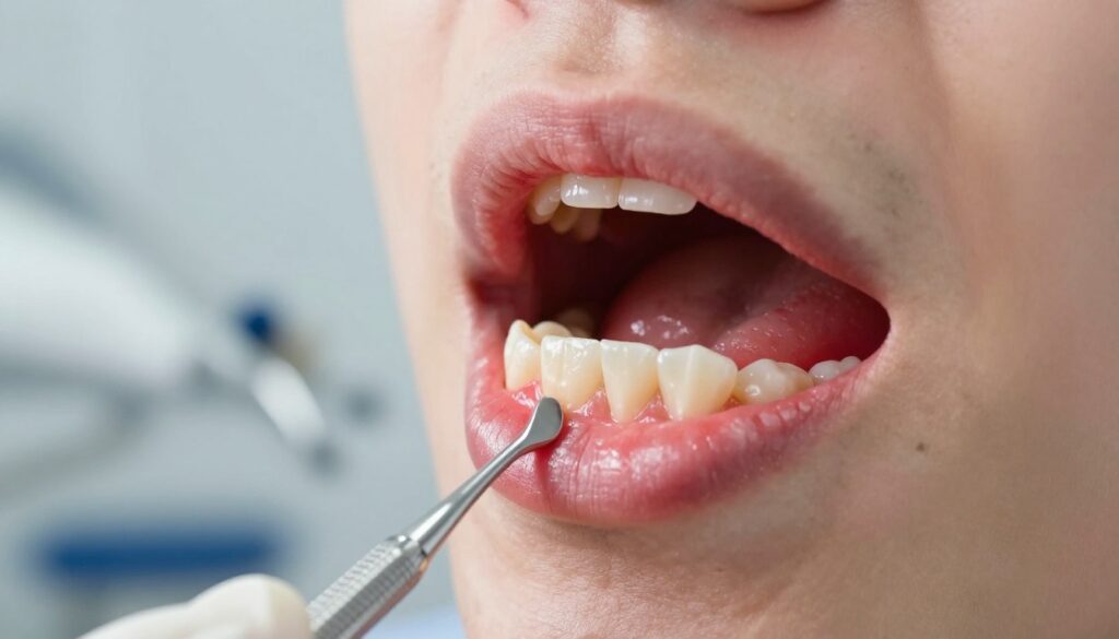 A close-up view of a healthy human mouth, focusing on a section of inflamed gums surrounding a tooth. The gums should appear red and swollen, highlighting signs of gingivitis with subtle textures that detail inflammation. The foreground should include an emphasis on the gum area, possibly with a dental tool gently touching the inflamed gum to signify examination. The middle background should feature a softly blurred image of a dental office, with dental equipment slightly visible to suggest a clinical environment. Bright, natural lighting enhances the realism, casting soft shadows to create depth. The overall mood is informative and clinical, emphasizing the importance of dental health awareness. A close-up view of a healthy human mouth, focusing on a section of inflamed gums surrounding a tooth. The gums should appear red and swollen, highlighting signs of gingivitis with subtle textures that detail inflammation. The foreground should include an emphasis on the gum area, possibly with a dental tool gently touching the inflamed gum to signify examination. The middle background should feature a softly blurred image of a dental office, with dental equipment slightly visible to suggest a clinical environment. Bright, natural lighting enhances the realism, casting soft shadows to create depth. The overall mood is informative and clinical, emphasizing the importance of dental health awareness.