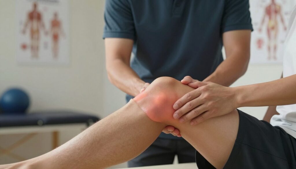 A close-up view of a human Achilles tendon, prominently displayed in the foreground, highlighting swelling and tenderness. The person is wearing modest athletic attire, emphasizing a healthy lifestyle. In the middle ground, a therapist examines the sore tendon, using a professional posture and gentle touch. The background features a softly blurred physical therapy clinic, with motivational posters and anatomical charts. Warm, natural lighting casts subtle shadows, creating an atmosphere of healing and focus. The angle should capture the detail of the tendon while showcasing the importance of proper care, emphasizing both the symptoms of overuse and the support offered by therapy. The mood is contemplative yet hopeful, inviting viewers to understand the seriousness of the symptoms.
