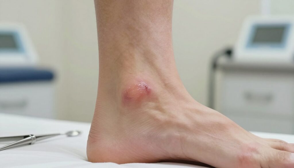 A close-up view of a human ankle post-surgery, focusing on the Achilles tendon area where the scar is visible. The scar is slightly raised and exhibits signs of sensitivity, showing variations in color and texture, indicating the healing process. Surrounding the ankle, a professional medical setting with sterile instruments and soft, diffused lighting emphasizes the clinical atmosphere. The background features a blurred out patient consultation room with soft neutral colors to enhance the focus on the ankle and scar. The mood is clinical yet empathetic, illustrating the complications associated with scarring after tendon surgery, such as pain and hypersensitivity, without including any narrative text or distractions.