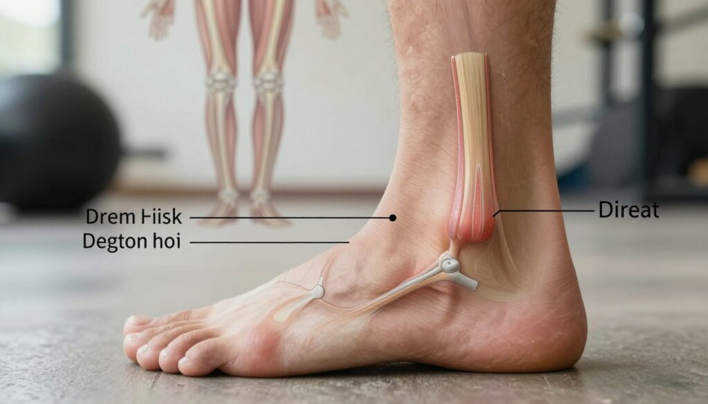A close-up view of a human foot showcasing the Achilles tendon, highlighting areas of degeneration and swelling. This image should distinctly display the anatomy of the tendon, with labels indicating potential areas of risk related to sports and daily activities. The foreground features the foot in a neutral position, while the middle ground displays a soft anatomical illustration demonstrating the tendon structure. The background can feature a blurred gym or sports environment to indicate physical activity involvement. Soft, natural lighting enhances the anatomical details without harsh shadows. The overall mood is educational and clinical, focusing on awareness and understanding of injuries. A close-up view of a human foot showcasing the Achilles tendon, highlighting areas of degeneration and swelling. This image should distinctly display the anatomy of the tendon, with labels indicating potential areas of risk related to sports and daily activities. The foreground features the foot in a neutral position, while the middle ground displays a soft anatomical illustration demonstrating the tendon structure. The background can feature a blurred gym or sports environment to indicate physical activity involvement. Soft, natural lighting enhances the anatomical details without harsh shadows. The overall mood is educational and clinical, focusing on awareness and understanding of injuries.