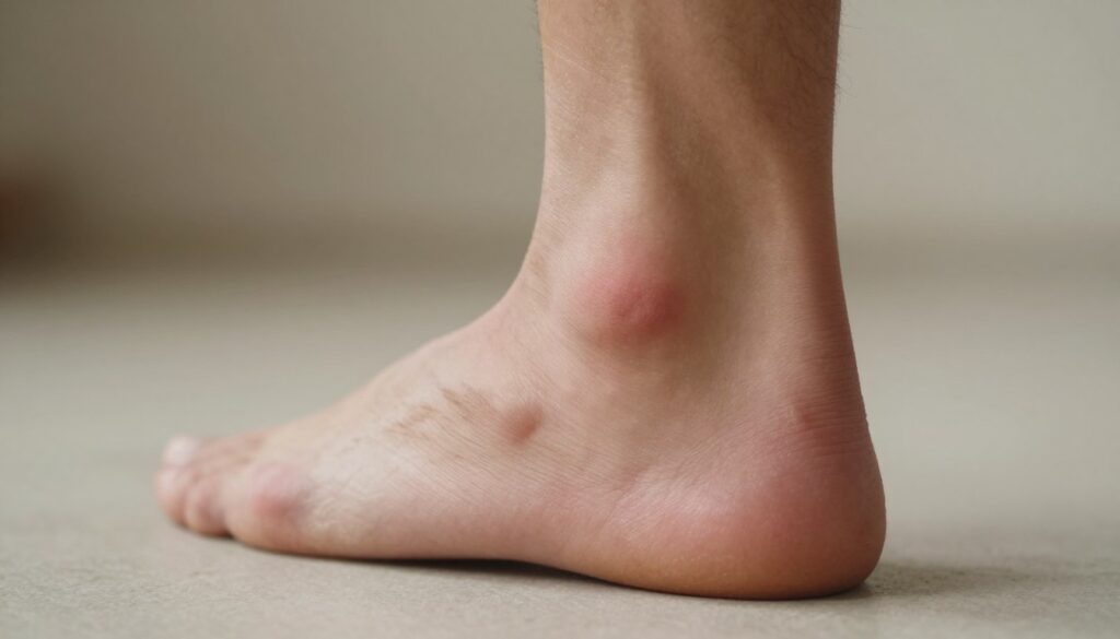 A close-up view of a human foot with a focus on the heel, showcasing signs of pain and discomfort, with slight swelling and redness around the Achilles tendon area. The foot is placed against a neutral, softly lit background, emphasizing the details of the heel and tendon. Use warm, natural lighting to highlight shadows and textures, capturing the seriousness of the condition. The skin tone is diverse to represent a wider audience. The angle is slightly elevated, providing an intimate and detailed perspective of the heel, while the atmosphere is clinical and informative, suitable for a medical context. A close-up view of a human foot with a focus on the heel, showcasing signs of pain and discomfort, with slight swelling and redness around the Achilles tendon area. The foot is placed against a neutral, softly lit background, emphasizing the details of the heel and tendon. Use warm, natural lighting to highlight shadows and textures, capturing the seriousness of the condition. The skin tone is diverse to represent a wider audience. The angle is slightly elevated, providing an intimate and detailed perspective of the heel, while the atmosphere is clinical and informative, suitable for a medical context.