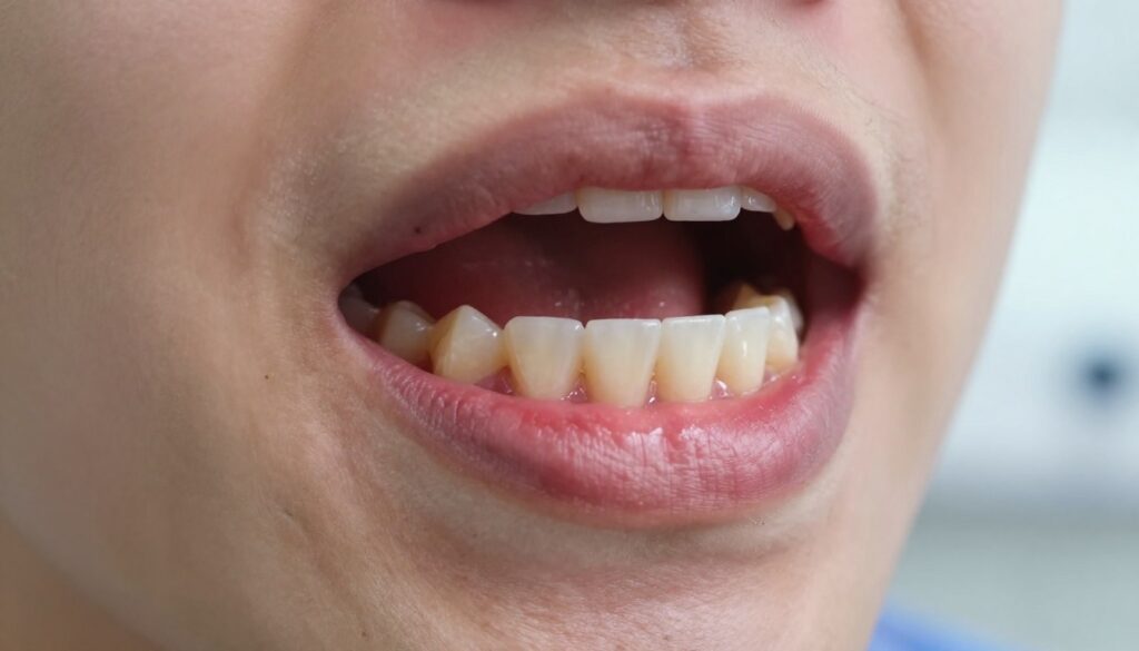 A close-up view of a human mouth featuring a visible dental gum swelling, depicting various symptoms associated with gum issues. The foreground showcases a detailed image of the swollen gum, highlighting the textures and colors indicative of inflammation. In the middle ground, subtle hints of surrounding teeth create context, while the background uses a soft-focus effect to enhance the main subject, contributing to a clinical atmosphere. The lighting is bright, emulating a dental examination room, with natural light spilling in to create a sense of cleanliness and clarity. The overall mood is serious yet informative, aiming to educate viewers on oral health symptoms without any distractions or text overlays. A close-up view of a human mouth featuring a visible dental gum swelling, depicting various symptoms associated with gum issues. The foreground showcases a detailed image of the swollen gum, highlighting the textures and colors indicative of inflammation. In the middle ground, subtle hints of surrounding teeth create context, while the background uses a soft-focus effect to enhance the main subject, contributing to a clinical atmosphere. The lighting is bright, emulating a dental examination room, with natural light spilling in to create a sense of cleanliness and clarity. The overall mood is serious yet informative, aiming to educate viewers on oral health symptoms without any distractions or text overlays.