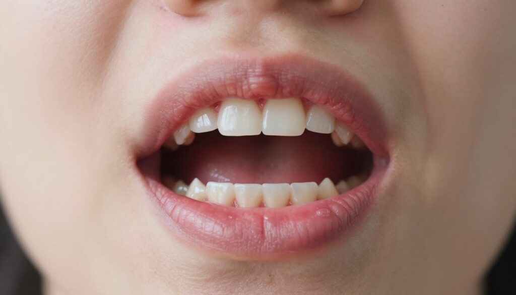 A close-up view of a human mouth, highlighting swollen gums around a discolored, dead tooth. The gums should appear red and inflamed, indicating infection, with an emphasis on the contrast between the healthy teeth and the affected area. The focus should be sharp on the gums and tooth while softly blurring the surrounding mouth interior. Natural, soft lighting should illuminate the scene, creating a clinical yet informative atmosphere. The image should convey urgency and concern, hinting at the necessity of dental intervention. The background should be subtle and unobtrusive, emphasizing the dental condition being depicted. The overall tone should be serious, reflecting the importance of recognizing alarming symptoms in dental health.