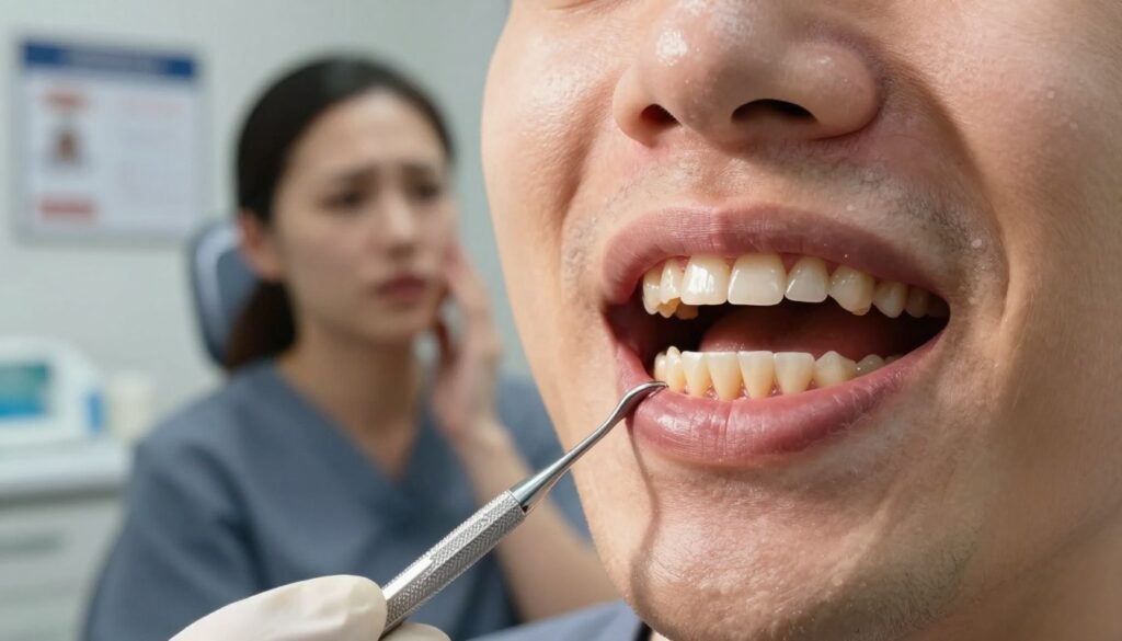 A close-up view of a human mouth showcasing gum recession, with a focus on the stark contrast between healthy gum tissue and receding gums revealing the tooth root. The foreground features a dentist's polished tools, symbolizing dental care and assessment. In the middle, a concerned patient is seen in professional attire, gently touching their cheek, reflecting a mood of worry and urgency. The background includes a softly lit dental office environment, with a blurred view of medical charts and equipment, creating an atmosphere of professionalism and care. The lighting is warm and inviting, with soft shadows to highlight the details of the gums and teeth, emphasizing the seriousness of gum health.