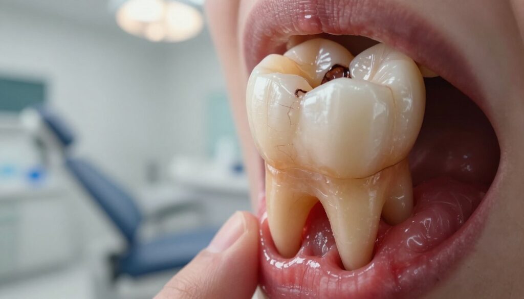 A close-up view of a human tooth suffering from severe dental pain, visualized as a tooth with a dark, decayed root still embedded in the gum. In the foreground, depict the tooth in sharp focus, highlighting the symptoms – swollen, inflamed gums with a pulsing red hue, indicating pain. The middle ground should show a blurred dental examination room with soft, diffused lighting to create a clinical atmosphere. Reflect a sense of urgency and concern in the color palette, utilizing warm tones to imply discomfort. Use a macro lens perspective to capture intricate details, such as cracks and decay on the tooth surface. The background should remain subtle, hinting at dental tools and equipment without distracting from the main subject.