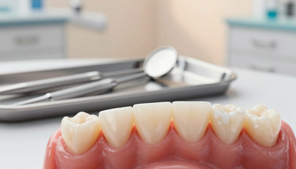 A close-up view of a pair of adult gums displaying white discoloration, suggesting potential causes. In the foreground, focus on a detailed texture of the gums, highlighting areas of white patches. The middle ground should feature various dental tools, like a mirror and explorer, arranged neatly on a dental tray. In the background, softly blurred, depict a modern dental office setting with gentle, warm lighting to convey a professional atmosphere. The angle should be slightly tilted to add depth, capturing the importance of oral health. The overall mood should be informative and clinical, aimed at educating viewers about common causes of white gums without any text or distractions. A close-up view of a pair of adult gums displaying white discoloration, suggesting potential causes. In the foreground, focus on a detailed texture of the gums, highlighting areas of white patches. The middle ground should feature various dental tools, like a mirror and explorer, arranged neatly on a dental tray. In the background, softly blurred, depict a modern dental office setting with gentle, warm lighting to convey a professional atmosphere. The angle should be slightly tilted to add depth, capturing the importance of oral health. The overall mood should be informative and clinical, aimed at educating viewers about common causes of white gums without any text or distractions.