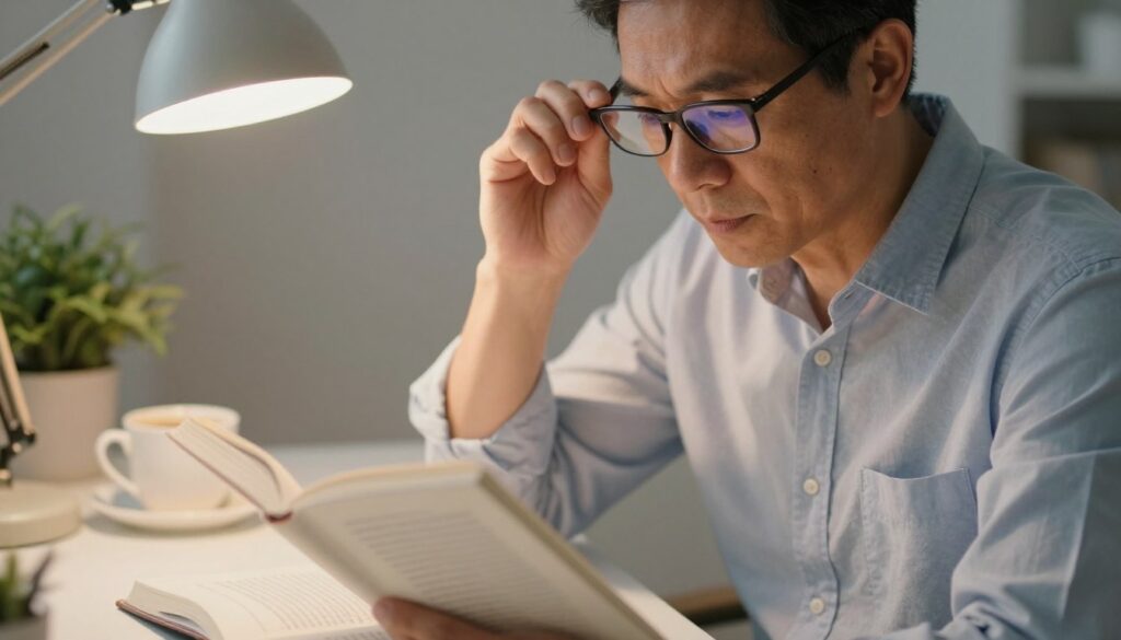 A close-up view of a person sitting at a desk, focused on reading a book, with subtle indications of temporary vision clarity issues. The foreground features a blurred page of text to emphasize the concept of vision sharpness. In the middle, the subject, a middle-aged man in a smart casual shirt, adjusts his eyeglasses with a thoughtful expression. A desk lamp casts a warm, soft light creating a cozy atmosphere. The background shows a neatly organized workspace with a plant and a cup of coffee, evoking a comfortable, everyday setting. Overall, the image conveys a blend of concentration and the challenges of maintaining visual clarity in daily life.