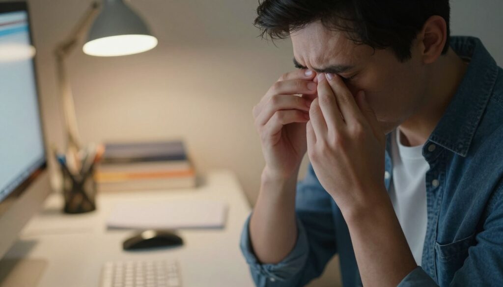 A close-up view of a person sitting at a desk, showing signs of eye strain and vision problems. The foreground features a person in smart, casual attire, rubbing their eyes in frustration. The middle ground has an array of blurred objects such as books and a computer screen, illustrating the difficulty in focusing. In the background, soft lighting emanates from a desk lamp, casting a warm glow that enhances the intimate, contemplative atmosphere. The scene captures a sense of fatigue and concern, reminiscent of the daily challenges faced by individuals with visual impairments. The overall mood is serious yet relatable, emphasizing the subtle yet significant impact of eye disorders in everyday life. A close-up view of a person sitting at a desk, showing signs of eye strain and vision problems. The foreground features a person in smart, casual attire, rubbing their eyes in frustration. The middle ground has an array of blurred objects such as books and a computer screen, illustrating the difficulty in focusing. In the background, soft lighting emanates from a desk lamp, casting a warm glow that enhances the intimate, contemplative atmosphere. The scene captures a sense of fatigue and concern, reminiscent of the daily challenges faced by individuals with visual impairments. The overall mood is serious yet relatable, emphasizing the subtle yet significant impact of eye disorders in everyday life.