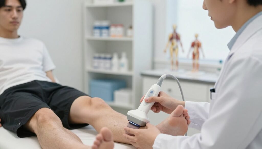 A close-up view of a professional medical consultation scenario focused on treating Achilles tendonitis. In the foreground, a healthcare specialist in a white coat is demonstrating an ultrasound therapy technique on a patient's lower leg, using a sleek ultrasound device. The patient, dressed in modest athletic wear, looks attentive and engaged. In the middle ground, shelves with medical supplies and anatomical models of the lower leg are visible, adding context to the treatment setting. The background features soft, diffused lighting, creating a calming atmosphere, highlighting the professionalism and care in the room. The lens captures the scene with a slight depth of field, directing attention to both the therapist and the patient, evoking a sense of hope and healing. A close-up view of a professional medical consultation scenario focused on treating Achilles tendonitis. In the foreground, a healthcare specialist in a white coat is demonstrating an ultrasound therapy technique on a patient's lower leg, using a sleek ultrasound device. The patient, dressed in modest athletic wear, looks attentive and engaged. In the middle ground, shelves with medical supplies and anatomical models of the lower leg are visible, adding context to the treatment setting. The background features soft, diffused lighting, creating a calming atmosphere, highlighting the professionalism and care in the room. The lens captures the scene with a slight depth of field, directing attention to both the therapist and the patient, evoking a sense of hope and healing.
