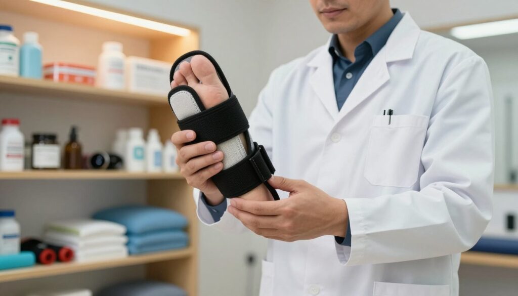 A close-up view of a professional physical therapist selecting an Achilles tendon stabilizer from a well-organized array of various braces in a clinical setting. The therapist, wearing a white lab coat and smart casual attire, examines a high-quality, adjustable stabilizer with attention to detail. In the background, shelves are filled with an assortment of medical supplies and tools, softly illuminated by warm overhead lighting. The composition captures the serious nature of therapeutic practice, with a focus on the stabilizer’s material, straps, and padding to emphasize comfort and support. The atmosphere feels professional yet approachable, providing a clear image of the intricacies involved in selecting appropriate support for ankle injuries.