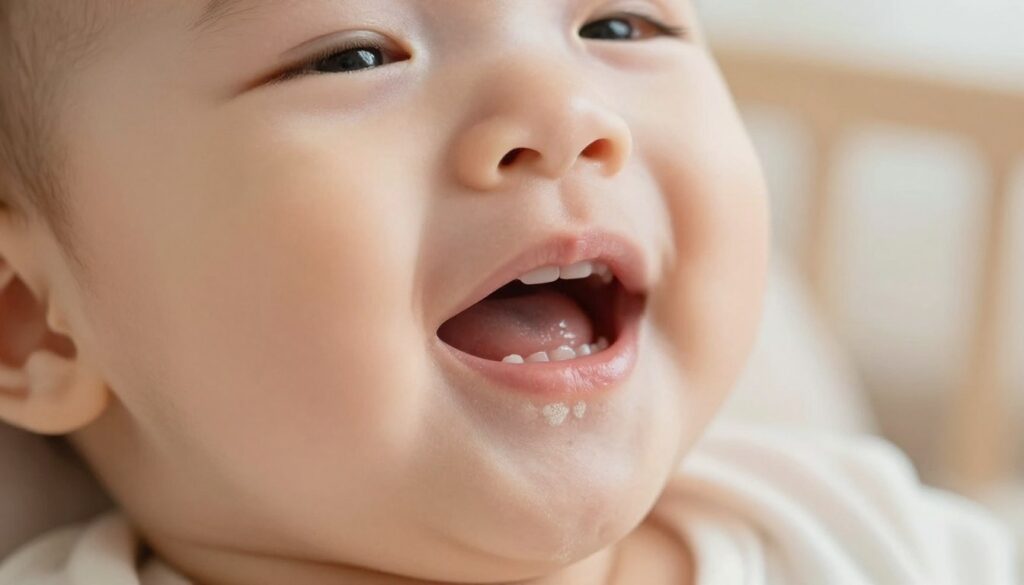 A close-up view of a serene and calm infant's mouth, specifically showcasing the gums where oral thrush is visible, depicted as white, creamy patches. The baby's face should be innocent and peaceful, with a soft expression, highlighting their delicate features. The background should be a softly blurred nursery with warm, gentle lighting to create a soothing atmosphere. The focus should be on the mouth and gums, capturing the texture of the thrush in detail. Use a shallow depth of field for a clear foreground while the background remains out of focus. Ensure the lighting is soft to enhance the gentle and caring mood of the scene, avoiding any harsh shadows. A close-up view of a serene and calm infant's mouth, specifically showcasing the gums where oral thrush is visible, depicted as white, creamy patches. The baby's face should be innocent and peaceful, with a soft expression, highlighting their delicate features. The background should be a softly blurred nursery with warm, gentle lighting to create a soothing atmosphere. The focus should be on the mouth and gums, capturing the texture of the thrush in detail. Use a shallow depth of field for a clear foreground while the background remains out of focus. Ensure the lighting is soft to enhance the gentle and caring mood of the scene, avoiding any harsh shadows.
