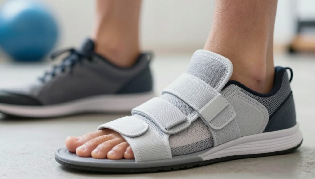 A close-up view of an Achilles tendon stabilizer, showcasing its design and functionality. In the foreground, highlight the stabilizer made of lightweight, breathable fabric, with adjustable straps and a cushioning pad for comfort. The middle ground features a pair of athletic shoes, emphasizing active use, while in the background, a blurred image of a fitness setting illustrates its application in sports rehabilitation. Use bright, natural lighting to create an energetic and hopeful atmosphere. The composition should employ a shallow depth of field to focus sharply on the stabilizer, making it the focal point of attention. The overall mood conveys professionalism and support, appealing to athletes and individuals seeking rehabilitation.