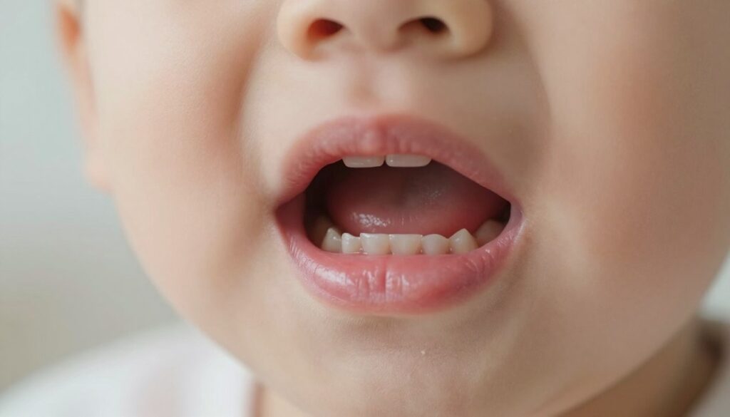 A close-up view of an infant's gum line, showing a detailed depiction of oral health concerns, specifically focusing on oral ulcers or "afty." The foreground features a vivid portrayal of swollen and irritated gums, with a distinct white ulcer to illustrate the condition. The middle ground includes a soft focus on the child's surrounding mouth area, with baby teeth partially visible, enhancing the context of infant oral health. The background is softly blurred with a light neutral color to keep the focus on the gums. The lighting is soft and natural, simulating ambient daylight to evoke a calm and informative atmosphere. The composition captures an educational yet gentle perspective on the subject, ensuring it's suitable for an audience seeking medical insight.