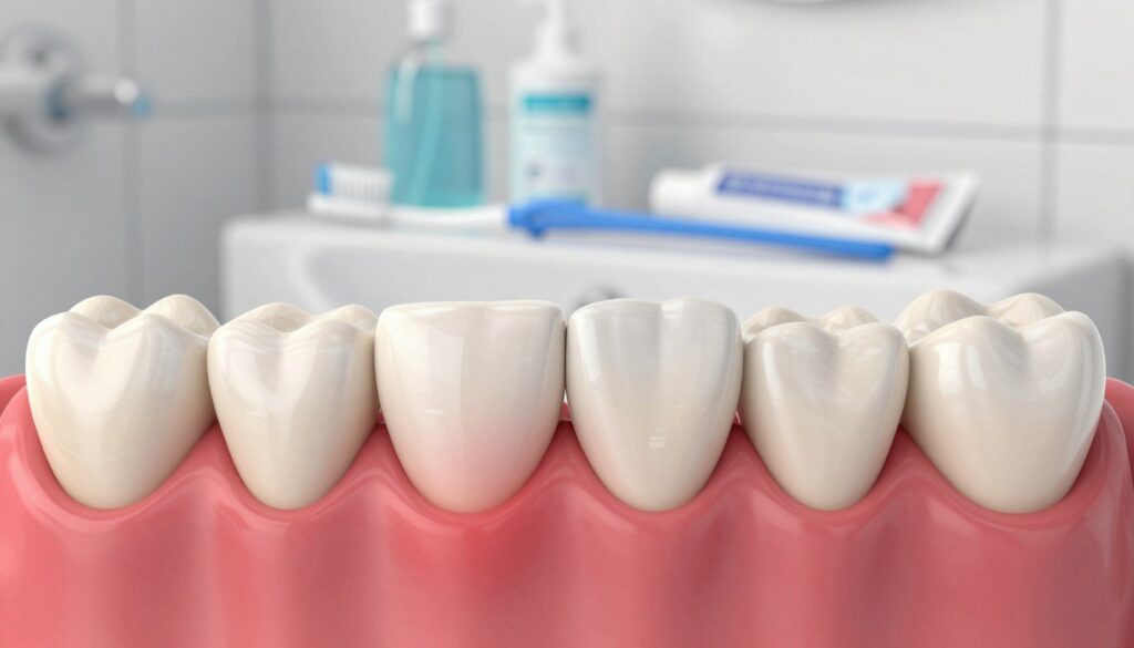 A close-up view of an inflamed gum area showing symptoms of gingivitis. The foreground features a detailed illustration of the gums with redness and swelling, highlighted under soft, natural light. There should be subtle signs of discomfort, like a gentle throbbing effect visualized through faint waves or ripples. The middle layer includes an anatomical tooth structure, emphasizing the relationship between the gums and teeth, while the background displays a soothing dental care setting, such as a clean bathroom with dental hygiene products like a toothbrush, toothpaste, and mouthwash. The overall mood is informative and calm, allowing viewers to understand the importance of recognizing symptoms while promoting awareness of dental health. A close-up view of an inflamed gum area showing symptoms of gingivitis. The foreground features a detailed illustration of the gums with redness and swelling, highlighted under soft, natural light. There should be subtle signs of discomfort, like a gentle throbbing effect visualized through faint waves or ripples. The middle layer includes an anatomical tooth structure, emphasizing the relationship between the gums and teeth, while the background displays a soothing dental care setting, such as a clean bathroom with dental hygiene products like a toothbrush, toothpaste, and mouthwash. The overall mood is informative and calm, allowing viewers to understand the importance of recognizing symptoms while promoting awareness of dental health.
