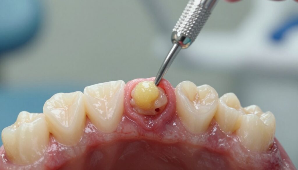 A close-up view of an inflamed gum featuring a gum abscess, showcasing a swollen area with a distinct yellowish-white pus formation. The foreground highlights the texture of the gum tissue, with subtle details of inflammation and redness. The middle ground includes a blurred dental instrument in focus, suggesting a clinical examination setting, while the background softly fades into a dental clinic environment, with muted colors. Natural lighting illuminates the scene, creating a sterile and professional atmosphere. The angle emphasizes depth, portraying the severity of the condition without human subjects. The overall mood conveys urgency and concern, aiming to educate the viewer about dental health.