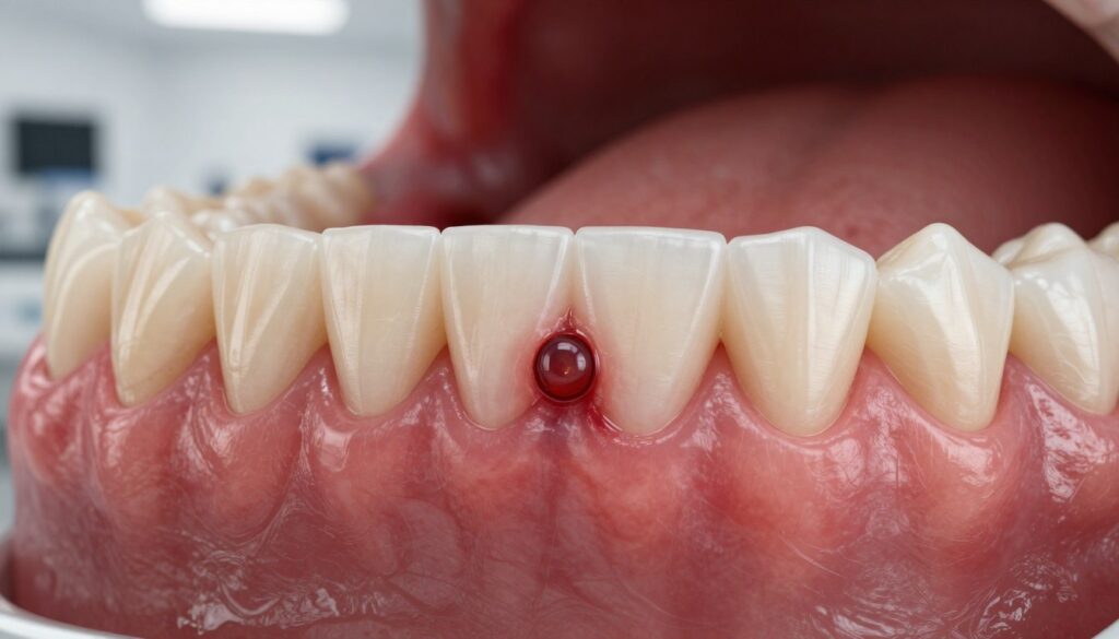 A close-up view of an inflamed gum with a visible abscess, showcasing the pus-filled sac at the gum line of a realistic human mouth. The foreground captures the texture and color details of the irritated gum tissue, emphasizing shades of red and white to indicate the infection. The middle layer features the contours of teeth adjacent to the inflamed area, portrayed in natural lighting that highlights their surface. In the background, a soft, blurred dental clinic ambiance suggests a clean, sterile environment, evoking a sense of caution. The overall mood should be serious yet educational, illustrating the importance of avoiding self-treatment of dental issues. The image should be clear, detailed, and professional, conveying a strong message about dental health.