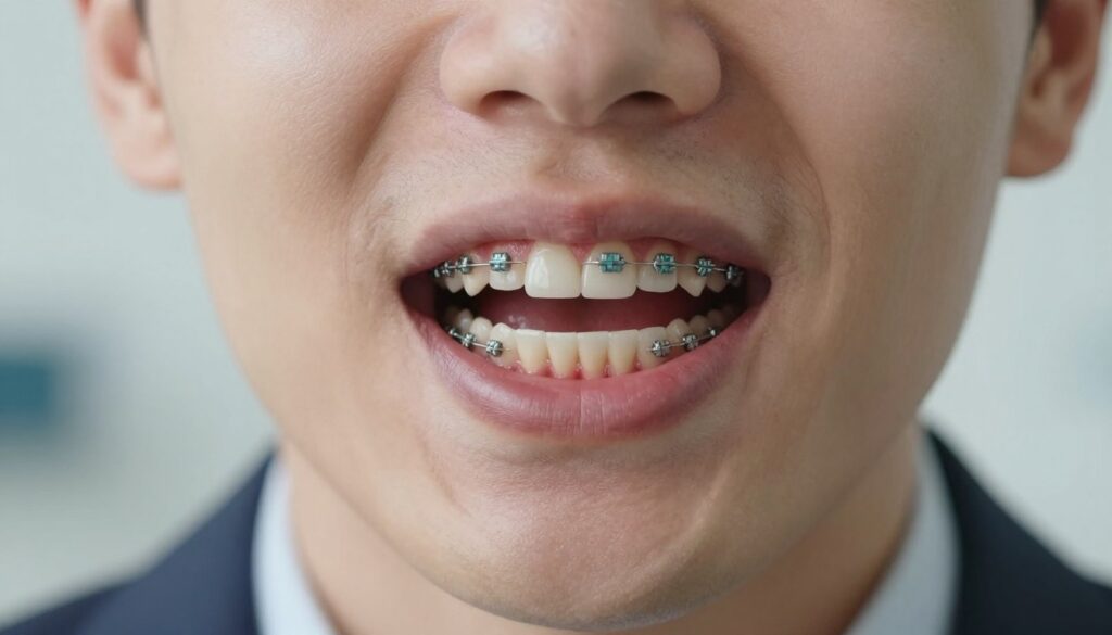 A close-up view of an open mouth displaying healthy gums contrasted with inflamed, painful gums around dental appliances like braces, fillings, and dentures. The foreground features a model with a neutral expression, dressed in professional attire, highlighting the dental condition without showing discomfort. The middle ground focuses on the gums and dental fixtures, capturing details like redness and swelling. The background is softly blurred, suggesting a clinical dental setting with soft, diffuse lighting to evoke a calm atmosphere. The overall mood conveys a sense of concern and awareness about dental health issues, specifically emphasizing causes of gum pain unrelated to plaque.