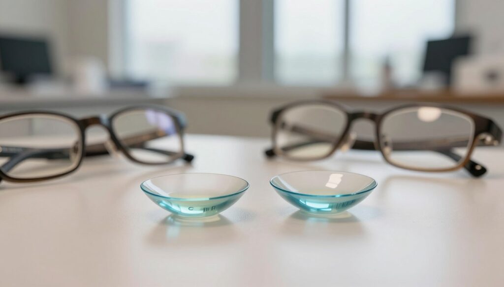 A close-up view of astigmatic toric contact lenses placed elegantly on a smooth, reflective surface to highlight their intricate curvature and design. In the foreground, focus on the lenses, showcasing their edges and markings that distinguish them from standard lenses. The middle ground features a blurred background of a modern optometry office with soft, natural lighting filtering through large windows, creating a serene atmosphere. A pair of professional-looking eyeglasses rests next to the lenses, symbolizing vision correction. The entire composition should evoke a sense of clarity and reliability, with warm tones promoting trust and professionalism. No text, watermarks, or distractions should be present in the image.