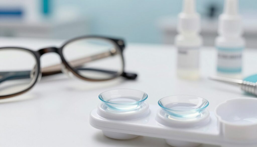 A close-up view of contact lenses displayed in an elegant manner, with a soft-focus background of an eye care clinic. In the foreground, a pair of clear, modern contact lenses rests on a sleek lens case, glistening under soft, natural lighting that emphasizes their clarity and smooth surface. In the middle ground, subtly blurred tools for eye care like an eyeglass frame and a small eye drop bottle suggest the theme of vision correction. The background features gentle shades of white and blue, creating a calm and professional atmosphere. The overall mood is informative and inviting, designed to capture interest while clearly relating to the topic of vision correction methods. The composition is well-balanced and aesthetically pleasing, without any distractions. A close-up view of contact lenses displayed in an elegant manner, with a soft-focus background of an eye care clinic. In the foreground, a pair of clear, modern contact lenses rests on a sleek lens case, glistening under soft, natural lighting that emphasizes their clarity and smooth surface. In the middle ground, subtly blurred tools for eye care like an eyeglass frame and a small eye drop bottle suggest the theme of vision correction. The background features gentle shades of white and blue, creating a calm and professional atmosphere. The overall mood is informative and inviting, designed to capture interest while clearly relating to the topic of vision correction methods. The composition is well-balanced and aesthetically pleasing, without any distractions.