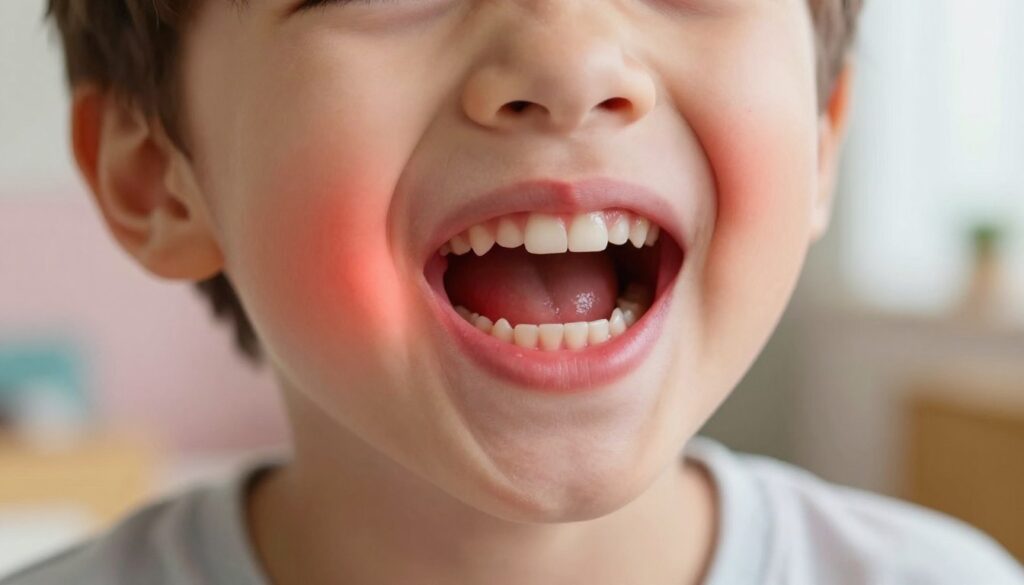 A close-up view of healthy gums in a child's mouth, showcasing pulsing gum pain through a vivid representation of inflammation using bright red and pink hues. The foreground features a child's smiling face, emphasizing a comforting and reassuring expression, with small, cozy toys nearby to suggest a peaceful environment. In the middle, focus on the child's open mouth, highlighting the gums with a soft light that accentuates their texture and any signs of swelling. The background is softly blurred, depicting a warm, homey atmosphere, perhaps with pastel-colored walls and a gentle, diffused natural light coming from a window. The overall mood of the image is tender and caring, reflecting a safe space for children. A close-up view of healthy gums in a child's mouth, showcasing pulsing gum pain through a vivid representation of inflammation using bright red and pink hues. The foreground features a child's smiling face, emphasizing a comforting and reassuring expression, with small, cozy toys nearby to suggest a peaceful environment. In the middle, focus on the child's open mouth, highlighting the gums with a soft light that accentuates their texture and any signs of swelling. The background is softly blurred, depicting a warm, homey atmosphere, perhaps with pastel-colored walls and a gentle, diffused natural light coming from a window. The overall mood of the image is tender and caring, reflecting a safe space for children.